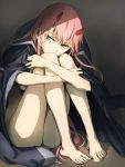  1girl aqua_eyes bangs blue_jacket breasts covering_mouth darling_in_the_franxx expressionless feet full_body hair_between_eyes herozu_(xxhrd) horns jacket jacket_on_shoulders knees_together_feet_apart knees_up leg_hug legs long_hair looking_at_viewer medium_breasts nude pink_hair shiny shiny_hair simple_background sitting solo tagme toes zero_two_(darling_in_the_franxx) 