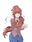  1girl arm_behind_back blue_skirt brown_hair doki_doki_literature_club eyebrows_visible_through_hair green_eyes jacket long_hair looking_at_viewer monika_(doki_doki_literature_club) neck_ribbon petite-emi pleated_skirt ponytail ribbon school_uniform shirt sidelocks simple_background skirt smile solo very_long_hair waving white_background white_ribbon white_shirt 