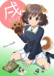  2018 5girls ahoge akiyama_yukari anger_vein angry animal_ears arm_support bangs black_footwear black_hair black_legwear blue_jacket boots brown_eyes brown_hair closed_eyes closed_mouth day dog_ears dog_tail eyebrows_visible_through_hair food full_body girls_und_panzer gloves grass green_shirt hairband highres holding holding_food isuzu_hana jacket kemonomimi_mode kuro_oolong long_sleeves looking_at_another looking_at_viewer lying messy_hair military military_uniform minigirl miniskirt multiple_girls nishizumi_miho no_shoes obentou on_back onigiri ooarai_military_uniform open_mouth orange_hair outdoors paw_gloves paws picnic pleated_skirt pointing reizei_mako seiza shirt short_hair sitting skirt sleeping smile socks tail takebe_saori thermos twitter_username uniform vehicle_request wariza waving white_hairband white_skirt year_of_the_dog 