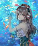  1girl :o bare_back bracelet brown_hair commentary_request eyebrows_visible_through_hair fish fish_tank frills hair_between_eyes headphones highres jewelry long_hair looking_at_viewer looking_back momoko_(momopoco) open_mouth red_eyes sidelocks solo standing 