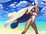  1girl arms_up beach bed_sheet blue_sky breasts cleavage clouds competition_swimsuit covered_navel dark_skin day earrings facial_mark fate/grand_order fate_(series) highres hoop_earrings jackal_ears jewelry large_breasts long_hair looking_at_viewer low-tied_long_hair medjed nitocris_(fate/grand_order) nitocris_(swimsuit_assassin)_(fate) ocean one-piece_swimsuit outdoors potato_(sksnabi) purple_hair sand sky smile solo swimsuit very_long_hair violet_eyes water white_swimsuit 