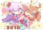 2018 2girls :o absurdres blush boots chibi closed_mouth commentary_request eyebrows_visible_through_hair fate/grand_order fate_(series) food fruit fujimaru_ritsuka_(female) glasses hair_between_eyes hair_over_one_eye high-waist_skirt highres jacket jako_(jakoo21) japanese_clothes kimono long_sleeves mandarin_orange mash_kyrielight mochi multiple_girls new_year obi one_side_up open_mouth orange_hair pink_jacket purple_hair purple_kimono saint_quartz sash short_hair skirt sleeves_past_fingers smile star thigh-highs violet_eyes wagashi white_footwear white_legwear wide_sleeves 