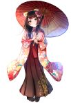  1girl black_footwear blush bow brown_eyes brown_hair brown_hakama eyebrows_visible_through_hair flower full_body hair_bow hair_flower hair_ornament hakama head_tilt highres holding holding_umbrella japanese_clothes kentaurosu kimono long_hair looking_at_viewer matsuno_chiya oriental_umbrella original purple_bow red_flower red_umbrella simple_background smile solo standing umbrella white_background yellow_bow yukata 