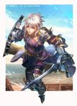  1boy armor belt blue_sky boots brown_eyes closed_mouth coat earrings full_body gauntlets headband holding holding_sword holding_weapon jewelry liduke looking_at_viewer male_focus metal_boots monster_hunter official_art pants purple_pants shield silver_hair sky solo sword water watermark weapon 