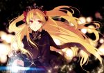  1girl bangs black_cape blonde_hair cape commentary_request earrings ereshkigal_(fate/grand_order) fate/stay_night fate_(series) fur-trimmed_cape fur_trim hair_ribbon holding_lamp jewelry lamp long_hair parted_bangs red_eyes red_ribbon ribbon skull solo two_side_up upper_body xia_(ryugo) 
