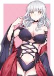  1girl bangs blush breasts carmilla_(fate/grand_order) cleavage commentary_request detached_sleeves eyebrows_visible_through_hair fate/grand_order fate_(series) haruyuki_(yukichasoba) large_breasts long_hair looking_at_viewer navel silver_hair sketch solo strap yellow_eyes 