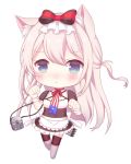  1girl :&lt; american_flag american_flag_print animal_ears apron azur_lane bangs black_dress black_legwear blue_eyes blush bow cannon cat_ears chibi clenched_hands closed_mouth commentary_request dress eyebrows_visible_through_hair flag_print full_body grey_footwear hair_between_eyes hair_bow hammann_(azur_lane) kyuujou_komachi light_brown_hair long_hair looking_at_viewer nose_blush one_side_up print_neckwear red_bow short_sleeves sidelocks simple_background solo standing standing_on_one_leg striped striped_bow thigh-highs torpedo turret very_long_hair waist_apron white_apron white_background wrist_cuffs 
