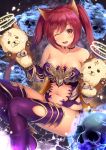  1girl ;d animal_ears arm_guards armor bare_shoulders bell blue_fire blush boots breasts cerberus_(shingeki_no_bahamut) cleavage collarbone crossed_bandaids electricity eyebrows_visible_through_hair fire glowing halo hand_puppet jingle_bell knee_boots light_particles long_hair looking_at_viewer medium_breasts navel navel_cutout one_eye_closed open_mouth puppet purple_footwear purple_legwear red_eyes redhead revealing_clothes shingeki_no_bahamut sitting skull smile solo stomach strapless tareme thigh-highs thighhighs_under_boots twintails very_long_hair yuririn_poi 