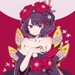  1girl bangs bare_shoulders blush breasts chan_co cleavage collarbone commentary_request eyebrows_visible_through_hair flower hair_flower hair_ornament japanese_clothes kimono large_breasts looking_at_viewer off_shoulder purple_hair short_eyebrows short_hair solo violet_eyes 