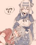  2girls ainu_clothes blue_hair breasts closed_eyes commentary_request dress gangut_(kantai_collection) grey_hair headband itomugi-kun japanese_clothes kamoi_(kantai_collection) kantai_collection large_breasts long_hair multicolored_hair multiple_girls no_hat no_headwear no_jacket open_mouth red_shirt remodel_(kantai_collection) scar scar_on_cheek shirt smile translation_request white_hair 