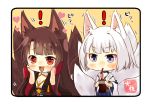  ! +_+ 2girls :3 :d akagi_(azur_lane) animal_ears azur_lane bangs black_border black_kimono blue_eyes blue_skirt blunt_bangs blush border bottle breasts brown_hair chibi cleavage cola commentary_request drinking drinking_straw ear_wiggle eyebrows_visible_through_hair fox_ears fox_tail hair_ornament hair_tubes hands_on_own_cheeks hands_on_own_face heart holding holding_bottle japanese_clothes kaga_(azur_lane) kimono long_hair long_sleeves medium_breasts motion_lines multiple_girls multiple_tails obi open_mouth pleated_skirt red_eyes sash short_hair sidelocks signature silver_hair simple_background sipping skirt smile sparkling_eyes standing symbol_in_eye tail tail_wagging taisa_(kari) tareme translated upper_body v-shaped_eyebrows white_hair white_kimono wide_sleeves yellow_background 
