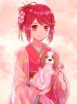  1girl 2018 animal blush carrying dog earrings highres pyra_(xenoblade) japanese_clothes jewelry kimono looking_at_viewer new_year red_eyes redhead saito_(pigrank) short_hair simple_background smile solo tiara xenoblade xenoblade_2 