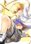  1boy bangs belt blonde_hair camouflage camouflage_shorts chains child_gilgamesh commentary_request crop_top enkidu_(weapon) eyebrows_visible_through_hair fate/grand_order fate_(series) gate_of_babylon grin hair_between_eyes highres holding holding_weapon jacket jumping long_sleeves looking_at_viewer male_focus natsuko_(bluecandy) open_clothes open_jacket parted_lips polearm poleaxe red_eyes shoes shorts smile solo weapon white_jacket 