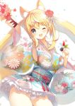  1girl amamiya_mei animal_ears bangs blonde_hair blue_eyes breasts commentary contrapposto cowboy_shot detached_sleeves eyebrows_visible_through_hair floral_print flower fox_ears fox_tail hagoita hair_between_eyes hair_flower hair_ornament hanetsuki highres holding japanese_clothes kimono large_breasts long_hair looking_at_viewer new_year obi one_eye_closed open_mouth original outstretched_arm p19 paddle panties pantyshot pantyshot_(standing) sash short_kimono smile solo standing tail twintails underwear very_long_hair white_background wide_sleeves x_hair_ornament 