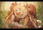  2girls ;) animal_ears blonde_hair bow bowtie brown_hair brown_skirt cape_giraffe_(kemono_friends) cheek-to-cheek commentary drill_hair eyebrows_visible_through_hair frame giraffe_ears giraffe_horns giraffe_print giraffe_tail green_neckwear green_skirt hands_together interlocked_fingers kemono_friends koruse long_hair long_sleeves miniskirt multiple_girls one_eye_closed outdoors pantyhose pleated_skirt ponytail print_legwear print_scarf print_shirt red_neckwear rothschild&#039;s_giraffe_(kemono_friends) scarf shirt skirt smile tail tree very_long_hair 