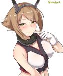  1girl absurdres bangs bare_shoulders breasts brown_hair closed_mouth collar cropped_shirt eyebrows_visible_through_hair flipped_hair from_above gloves green_eyes headgear highres kantai_collection kiritto large_breasts looking_at_viewer mutsu_(kantai_collection) navel short_hair simple_background smile solo twitter_username upper_body white_background white_gloves 