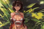  1girl bare_shoulders blue_eyes breasts brown_hair dark_skin detached_sleeves green_background highres looking_at_viewer medium_breasts open_clothes open_mouth original sara_manta solo 