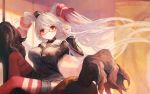  1girl amatsukaze_(kantai_collection) arm_up black_choker blurry blurry_background blush breasts carousel choker glasses hand_in_hair kantai_collection large_breasts long_hair looking_at_viewer muike red-framed_eyewear red_eyes red_legwear school_uniform serafuku sidesaddle solo thigh-highs twintails very_long_hair white_hair 