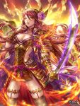  1girl armor bangs box_(hotpppink) breasts brown_belt brown_hair brown_legwear cleavage clouds cloudy_sky coat collarbone commentary_request company_name evening eyebrows_visible_through_hair finger_to_mouth fire floating_hair floral_print flower gem glowing glowing_sword glowing_weapon gold_armor gradient_sky hair_between_eyes hair_flower hair_ornament high_collar highres holding holding_sword holding_weapon horned_headwear japanese_armor jewelry katana kusazuri legs_apart long_hair looking_at_viewer medium_breasts nail_polish official_art open_clothes open_coat orange_eyes orange_sky outdoors parted_lips pendant pink_flower pink_nails pink_ribbon print_coat purple_coat pyrokinesis ribbon ring rope sengoku_kishin_valkyrie shimenawa shiny shiny_skin sky sleeveless_coat smile sode solo standing sunset swept_bangs sword tassel thigh-highs thigh_strap tiara vambraces very_long_hair weapon wind winged_headwear yellow_sky 
