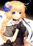  1girl alternate_costume aoi_sana bangs bare_shoulders black_bow black_choker black_dress black_gloves blonde_hair blue_eyes blue_flower bow braid capelet choker covered_navel dress eyebrows_visible_through_hair fate/apocrypha fate/grand_order fate_(series) flower gloves hair_flower hair_ornament hand_on_own_chest jeanne_d&#039;arc_(fate) jeanne_d&#039;arc_(fate)_(all) jewelry long_braid long_hair looking_at_viewer necklace petals single_braid smile solo very_long_hair 