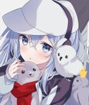  1girl :o animal animal_on_shoulder bird bird_on_shoulder blue_eyes blue_hair blush character_request clothed_animal commentary earmuffs eyebrows_visible_through_hair hair_between_eyes hat hibiki_(kantai_collection) hitsukuya kantai_collection long_hair long_sleeves looking_at_viewer owl parted_lips penguin red_scarf scarf seal solo 
