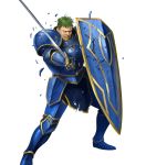  1boy arden_(fire_emblem) armor armored_boots attack belt blue_armor boots broken broken_armor broken_sword broken_weapon brown_eyes cleft_chin clenched_teeth damaged fire_emblem fire_emblem:_seisen_no_keifu fire_emblem_heroes gauntlets greaves green_hair highres holding holding_shield holding_sword holding_weapon ippei_soeda male_focus nose official_art realistic serious shield short_hair shoulder_armor solo sword teeth torn_clothes torn_loincloth weapon 