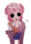  1girl :o artist_name bending_forward blazer blue_skirt blurry blush breasts collarbone collared_shirt covered_eyes covered_mouth dated doki_doki_literature_club eyebrows_visible_through_hair hair_ornament hairclip heart heart-shaped_pupils jacket long_sleeves looking_at_viewer medium_breasts natsuki_(doki_doki_literature_club) open_mouth orange_vest pink_eyes pink_hair pleated_skirt removing_jacket ribbon school_uniform shirt short_hair signature simple_background skirt solo spoilers symbol-shaped_pupils the_cold two_side_up white_background white_shirt 