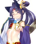  1girl animal_ears armor bangs black_hair blue_gloves blush breasts detached_sleeves dog_ears fate/grand_order fate_(series) gloves hat japanese_armor koucha_maru long_hair medium_breasts navel nose_blush one_eye_closed parted_bangs paw_pose revealing_clothes side_ponytail simple_background single_glove sode solo tokin_hat under_boob ushiwakamaru_(fate/grand_order) white_background wide_sleeves 
