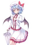 1girl bangs bat_wings blue_hair bow center_frills closed_mouth eyebrows_visible_through_hair hand_on_own_chest hand_up hat hat_bow juliet_sleeves junior27016 long_hair long_sleeves looking_at_viewer miniskirt mob_cap neck_ribbon one_leg_raised pointy_ears puffy_sleeves red_bow red_eyes red_ribbon remilia_scarlet ribbon simple_background skirt smile solo touhou umbrella white_background white_hat white_skirt wings wrist_cuffs 
