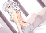  1girl alternate_costume ass back bare_shoulders breasts butt_crack hatsu_(first_snow) kantai_collection kashima_(kantai_collection) looking_at_viewer looking_back medium_breasts medium_hair no_hat no_headwear pillow short_hair sideboob silver_hair sitting smile solo two_side_up violet_eyes 