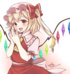  1girl artist_name ascot blonde_hair blush bow commentary_request dated eyebrows_visible_through_hair fang flandre_scarlet frills gradient gradient_background haruki_(colorful_macaron) hat hat_bow looking_at_viewer mob_cap own_hands_together red_background red_bow red_eyes red_skirt red_vest short_hair side_ponytail signature skirt smile solo touhou vest white_background wings yellow_neckwear 
