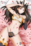  1girl alfred_cullado ass_visible_through_thighs black_hair breasts cleavage fate/grand_order fate_(series) groin groin_tendon hand_on_own_chest hand_on_own_forehead highres ishtar_(fate/grand_order) long_hair lying medium_breasts navel on_back patreon_username petals red_eyes single_detached_sleeve single_thighhigh solo thigh-highs thighs watermark web_address 