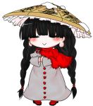  1girl :&gt; =_= ajirogasa black_footwear blush braid brown_hat buttons buuwa capelet chibi closed_mouth clothes_writing dress frilled_capelet frilled_hat frills full_body geta grey_dress hands_together hat legs_apart long_hair long_sleeves no_nose pigeon-toed red_capelet red_legwear red_ribbon ribbon simple_background snow solo standing touhou twin_braids very_long_hair white_background wide_sleeves yatadera_narumi 