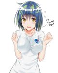  1girl bangs blue_hair blush breasts collarbone covered_nipples earth-chan english green_hair highres j@ck large_breasts looking_at_viewer medium_breasts multicolored_hair nasa no_bra open_mouth original shirt short_hair solo t-shirt taut_clothes taut_shirt wavy_mouth white_background yellow_eyes 