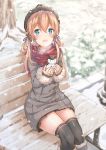  1girl alternate_costume anchor_hair_ornament bench black_legwear blonde_hair blue_eyes hair_ornament hat highres kantai_collection long_hair looking_at_viewer low_twintails open_mouth outdoors plaid plaid_scarf prinz_eugen_(kantai_collection) scarf snowman solo thigh-highs twintails winter_clothes yukishiro_arute 