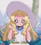  !! &gt;:) 1girl 90s blonde_hair blue_eyes braid bush clenched_hands dress flower hat lillie_(pokemon) long_hair looking_at_viewer outdoors pokemon pokemon_(game) pokemon_sm sleeveless sleeveless_dress smile solo sparkle subtitled sun_hat text twin_braids 