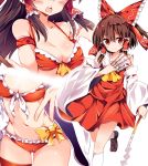  1girl ascot bare_shoulders between_fingers bikini blush bow breasts brown_hair cleavage commentary_request detached_sleeves frills gohei hair_bow hair_tubes hakurei_reimu highres kneehighs looking_at_viewer maturiuta_sorato medium_breasts midriff ofuda open_mouth red_bikini red_bow red_eyes red_shirt red_skirt shirt shoes simple_background skirt sleeveless sleeveless_shirt smile solo swimsuit touhou white_background white_legwear yellow_bow yellow_neckwear 