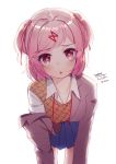  1girl :o artist_name bending_forward blazer blue_skirt blurry blush breasts collarbone collared_shirt commentary_request dated doki_doki_literature_club eyebrows_visible_through_hair hair_ornament hairclip heart heart-shaped_pupils jacket long_sleeves looking_at_viewer medium_breasts natsuki_(doki_doki_literature_club) open_mouth orange_vest pink_eyes pink_hair pleated_skirt removing_jacket ribbon school_uniform shirt short_hair signature simple_background skirt solo symbol-shaped_pupils the_cold two_side_up white_background white_shirt 