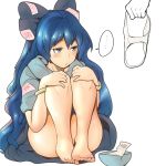  ... 1girl bare_legs barefoot blue_bow blue_hair blue_skirt blush bow bowl bracelet closed_mouth damaged eyebrows_visible_through_hair full_body hair_bow hekiga_(freelot) highres holding holding_clothes holding_panties hood hood_down hoodie jewelry knees_to_chest knees_up long_hair looking_at_another money no_panties panties shiny shiny_hair short_sleeves simple_background sitting skirt solo_focus spoken_ellipsis toes touhou underwear very_long_hair white_background white_legwear yorigami_shion 