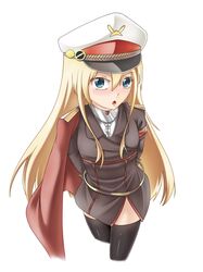  1girl absurdres arms_behind_back belt blonde_hair blue_eyes blush cape deutschland_(zhan_jian_shao_nyu) hat highres long_hair looking_at_viewer military military_hat military_uniform open_mouth shukyou solo thigh-highs uniform white_background zhan_jian_shao_nyu 