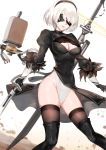  1girl black_gloves black_legwear blindfold breasts cleavage cleavage_cutout commentary_request dress feather_trim gloves hairband highres holding holding_weapon juliet_sleeves lips long_sleeves marie_mushroom medium_breasts mole mole_under_mouth nier_(series) nier_automata pod_(nier_automata) puffy_sleeves short_dress short_hair silver_hair simple_background solo standing sword thigh-highs underwear weapon white_background yorha_no._2_type_b 