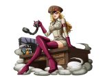  1girl blonde_hair bodskih boots chains curly_hair den_den_mushi domino_(one_piece) gloves hat high_heel_boots high_heels long_hair military military_hat military_uniform necktie official_art one_piece open_mouth solo sunglasses teeth transparent_background uniform 