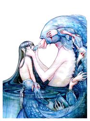  1girl ballpoint_pen_(medium) black_hair blood commentary deviantart_username fish graphite_(medium) hair_between_eyes highres long_hair monster nude original partially_submerged simple_background symbolism traditional_media watercolor_(medium) wenqing_yan white_background 