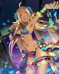  1girl arm_up armpits bikini_top blonde_hair breasts choker circlet cleavage dancer dao_(sword_girls) dark_skin earrings elf fang flower green_eyes hair_flower hair_ornament harem_outfit highres jewelry long_hair looking_at_viewer medium_breasts nail_polish navel open_mouth original outstretched_arm outstretched_hand panties pointy_ears purple_panties ribbon showgirl_skirt smile solo thigh_strap underwear very_long_hair 