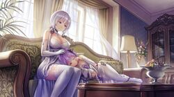  2girls anbe_yoshirou azur_lane blue_eyes breasts cleavage couch cupboard curtains dress elbow_gloves gloves highres illustrious_(azur_lane) lampshade lap_pillow large_breasts lying multiple_girls on_side revision stuffed_animal stuffed_toy thigh-highs unicorn_(azur_lane) white_hair white_legwear window 