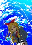  1girl aikatsu! blonde_hair blue_sky bow clouds cloudy_sky day hair_bow hairband hoshimiya_ichigo long_hair looking_at_viewer mgn0isi oekaki perspective red_eyes school_uniform skirt sky solo starlight_academy_uniform upper_body 