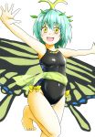  1girl absurdres antennae aqua_hair barefoot black_swimsuit breasts brown_eyes butterfly_wings d-m_(dii_emu) eternity_larva highres leaf leaf_on_head looking_at_viewer one-piece_swimsuit open_mouth outstretched_arm outstretched_arms sash short_hair small_breasts smile solo spread_arms swimsuit touhou wings 