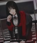  1girl aoi_ogata arm_up bangs black_hair blunt_bangs breasts commission eyebrows_visible_through_hair full_body highres kakegurui large_breasts lips long_hair long_sleeves looking_at_viewer open_clothes open_shirt parted_lips red_eyes shirt solo white_shirt 