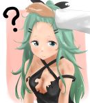  1girl ? alternate_costume bare_shoulders blue_eyes blush breasts cleavage collarbone dress forehead green_eyes green_hair hair_ornament hairclip highres kantai_collection long_hair long_sleeves looking_at_viewer pink_background short_dress simple_background small_breasts smile solo_focus tama_(seiga46239239) upper_body white_background yamakaze_(kantai_collection) 