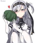  1girl absurdres black_headband black_sailor_collar bodysuit clothes_writing food grey_eyes hachimaki headband highres holding holding_food kantai_collection kiritto long_hair pumpkin sailor_collar school_uniform serafuku short_sleeves silver_hair simple_background smile solo suzutsuki_(kantai_collection) twitter_username white_background white_bodysuit 